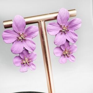 Matte Purple Floral Stud Earrings Gold Center Rubber Finish Pierced Posts